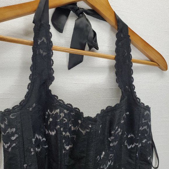 Frederick’s of Hollywood Black/Silver Shimmer Lace Up Corset 34 Bustier Halter - Picture 4 of 10